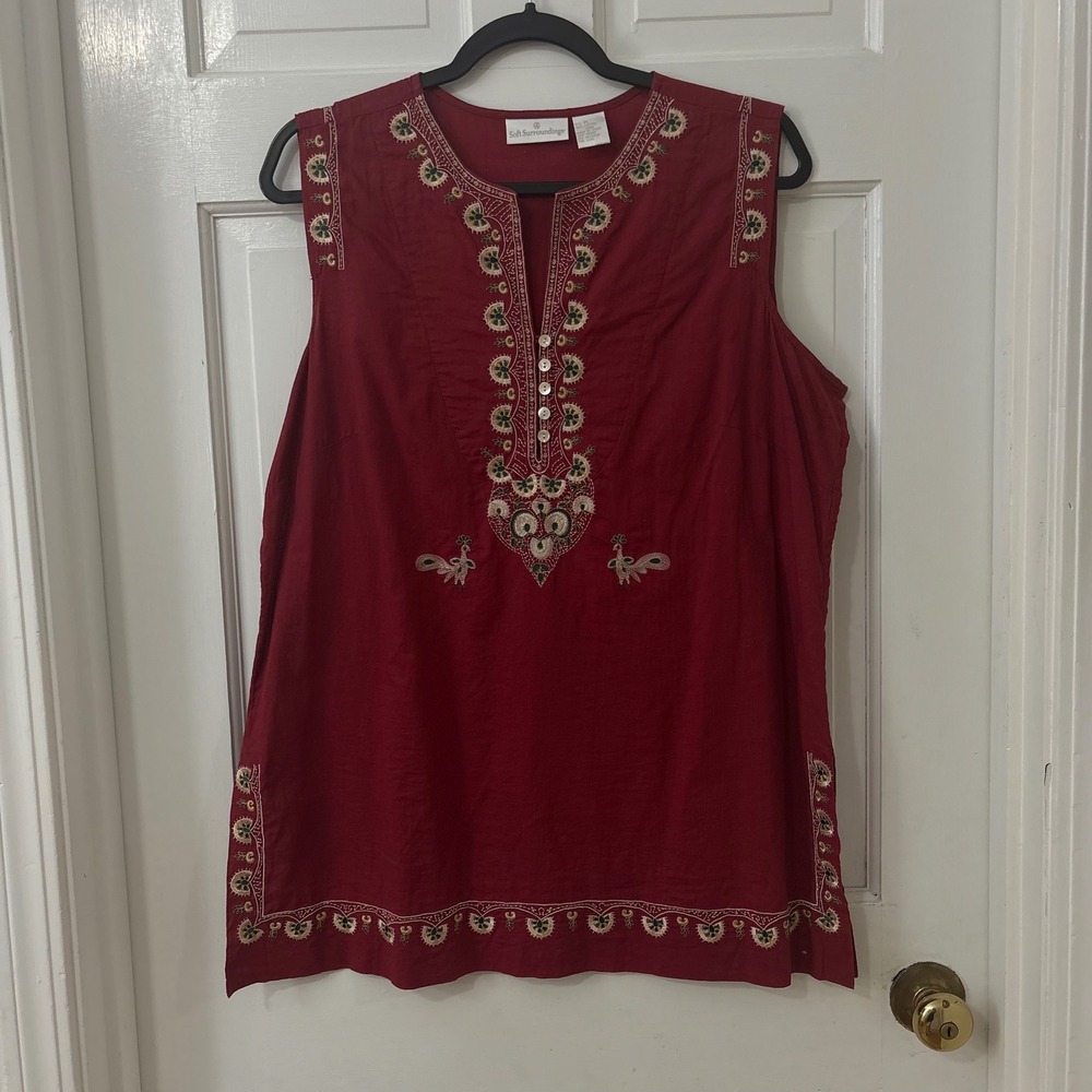 Soft Surroundings Embroidered Boho Tunic PL Red 100% Cotton Lawn‎  Boho Peacock